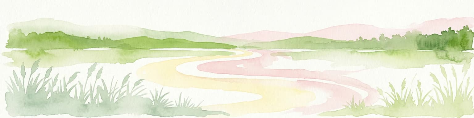 Watercolor scene of grassy fields and a winding river with distant hills and trees