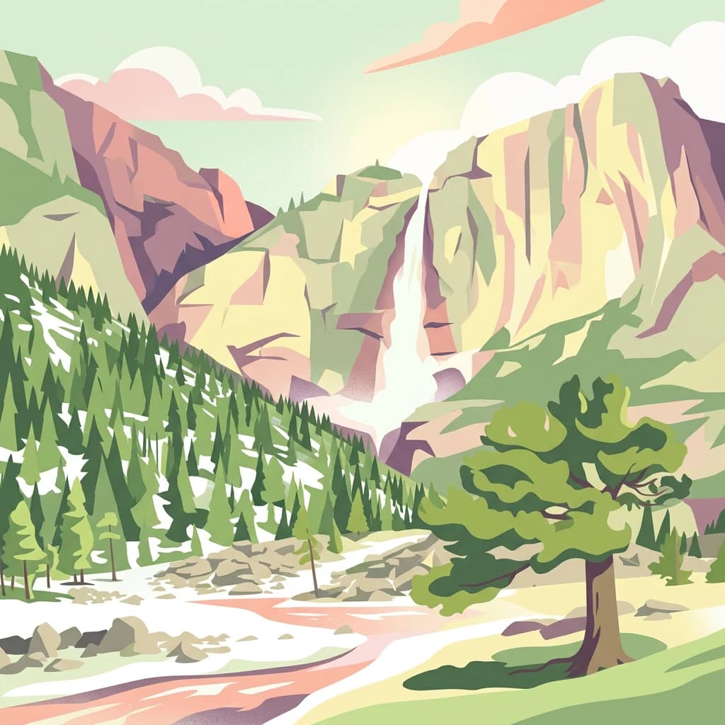 Illustration of a mountainous landscape featuring a waterfall, forested slopes, a river, and a prominent tree in the foreground