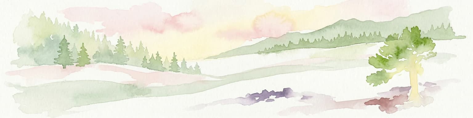 Watercolor painting of green trees, rolling hills, a pink and yellow sunset sky, and a single tree on the right