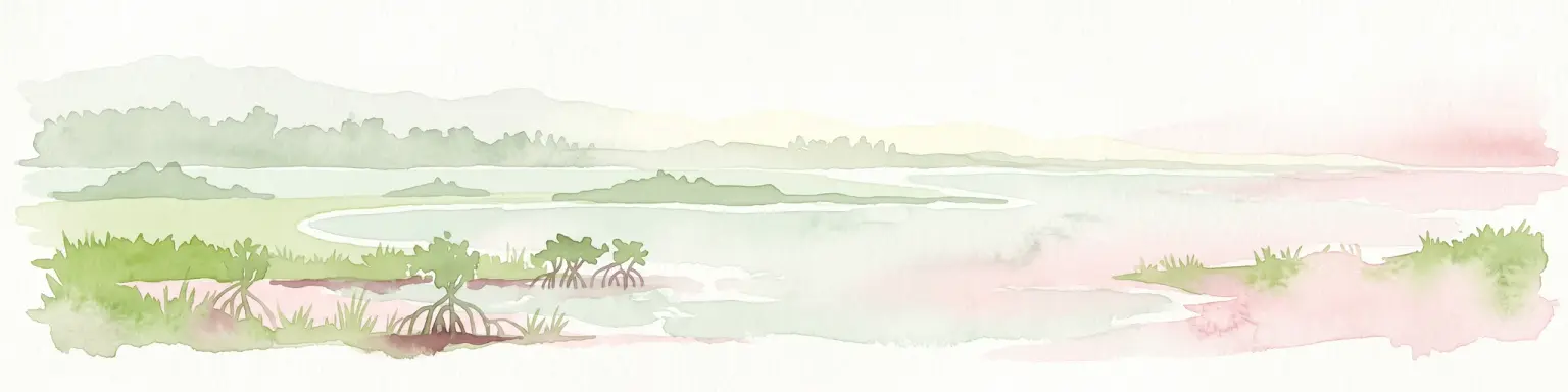 Watercolor illustration of a coastal mangrove ecosystem with calm water, green vegetation, and soft pink and green tones.