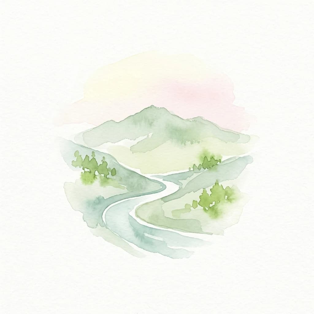 Watercolor illustration of a winding river through mountainous terrain with trees