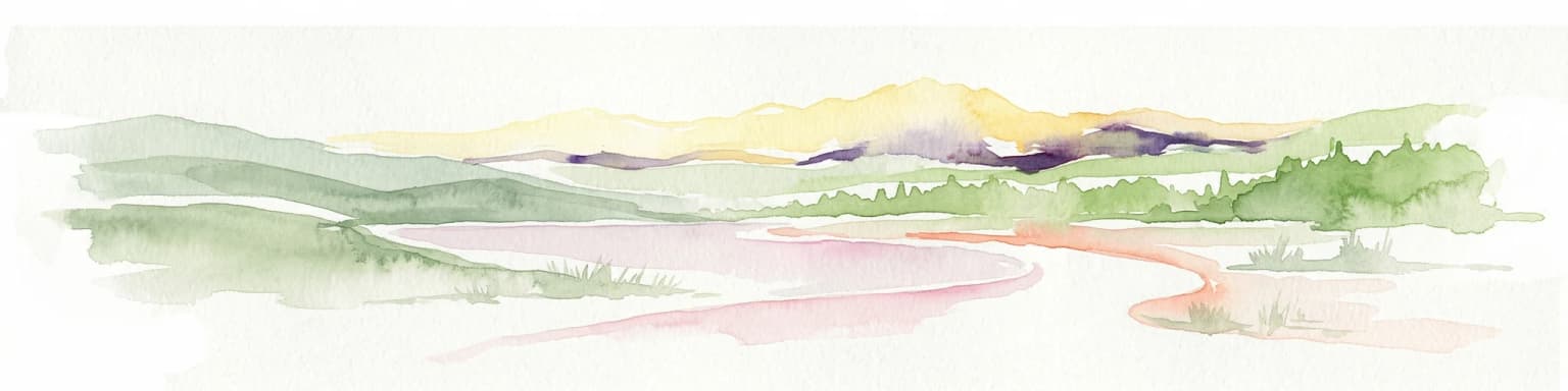 Watercolor painting depicting a river flowing through rolling hills with green and yellow tones