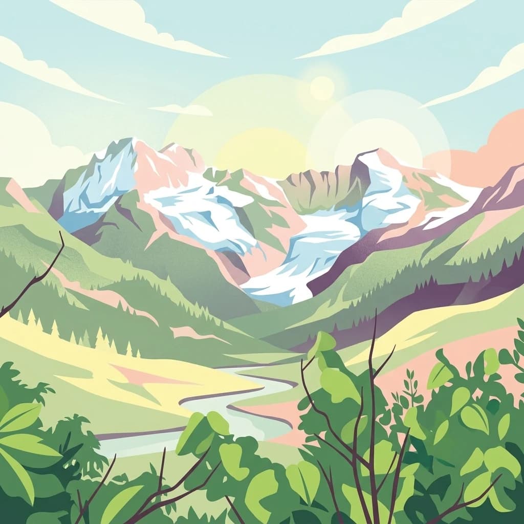 Illustrated landscape showing snow-capped mountains, green valleys, river, and forested areas