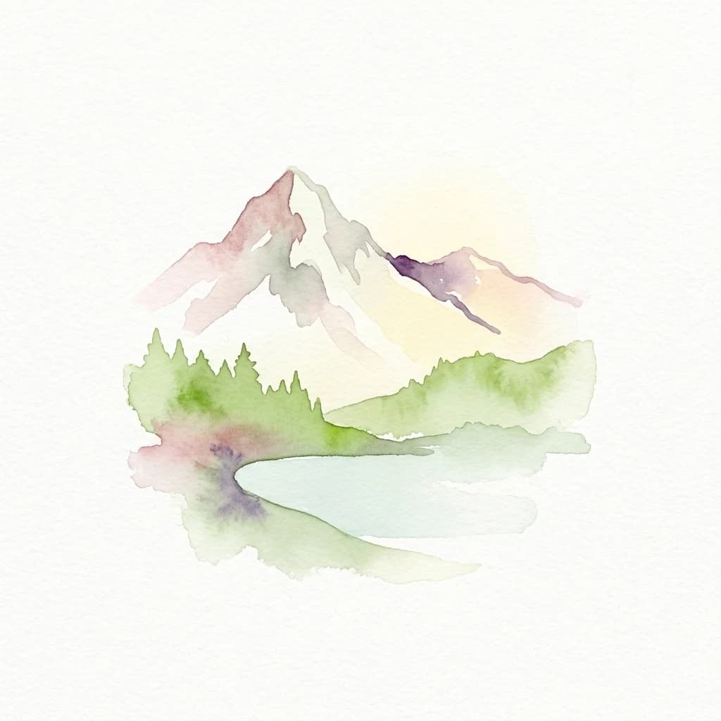 Watercolor painting showing a mountain with snow cap, forested slopes, and a lake reflection