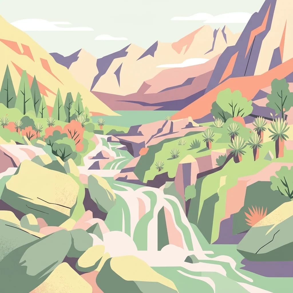 Illustration showing waterfall flowing through mountainous terrain with rocks and vegetation