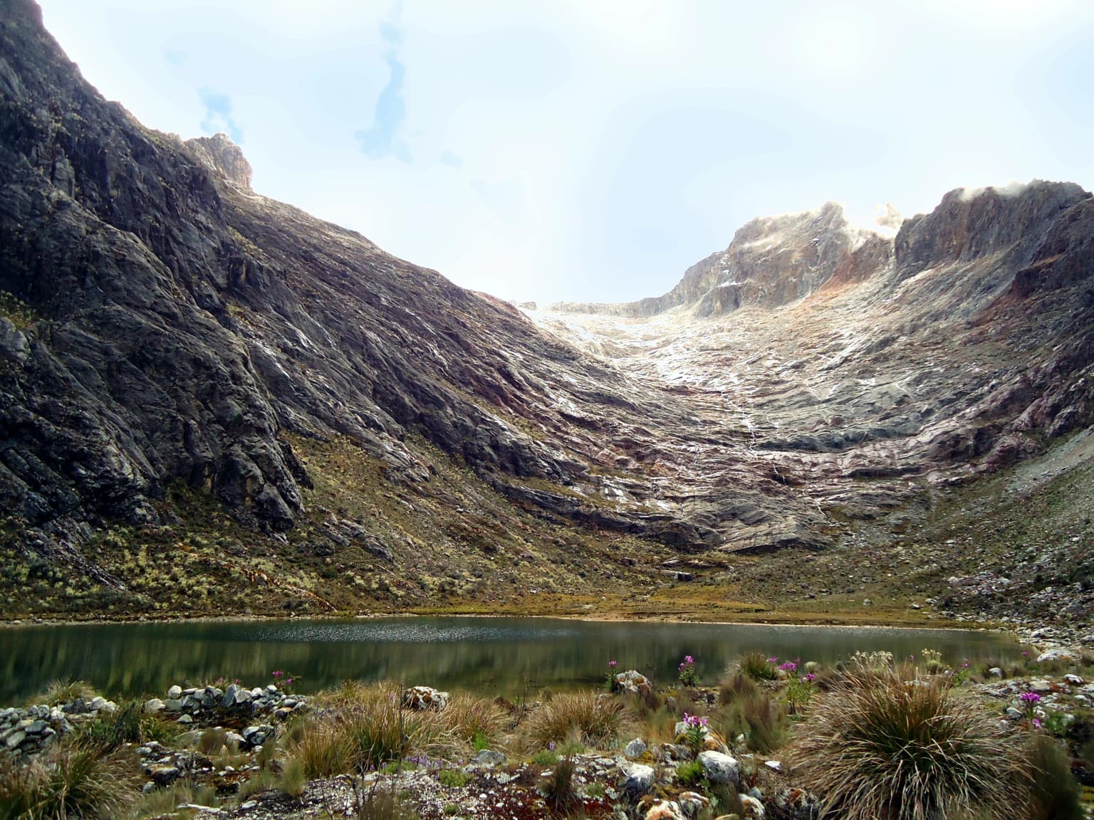 Lagoon surrounded by rocky mountains with a glacier in the background, vegetation in the foreground
