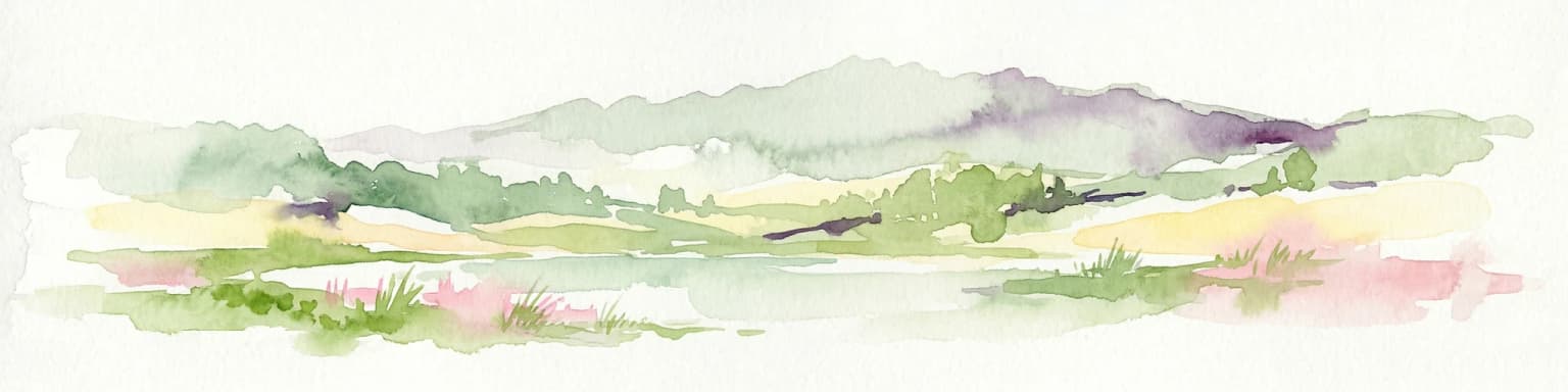 Watercolor painting showing green hills, a river, and distant mountains under a light sky