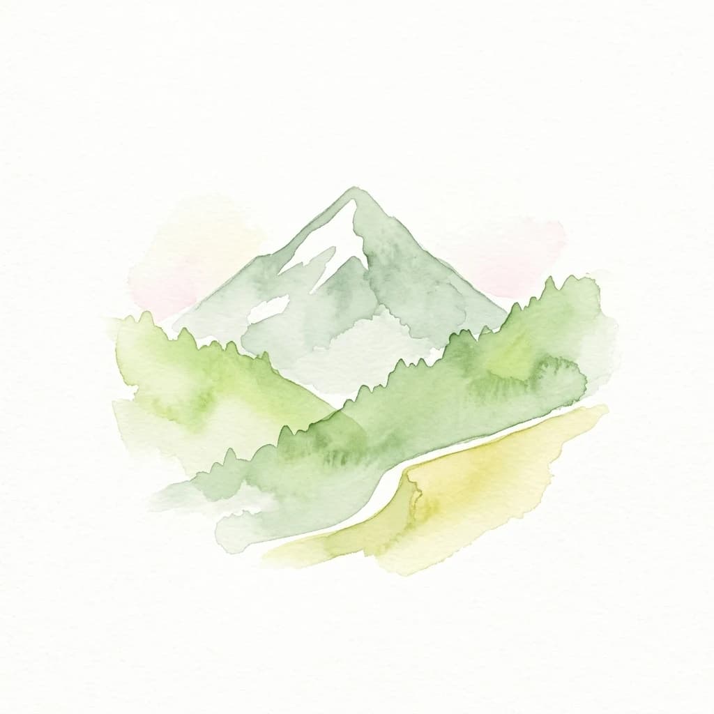 Watercolor painting depicting a snow-capped mountain peak surrounded by green forests and a winding path through a meadow