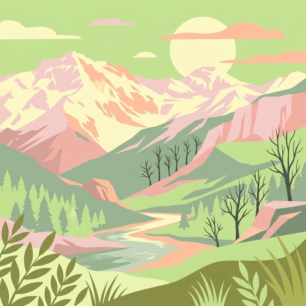 Stylized illustration showing mountain peaks, a river, and forests under a large sun