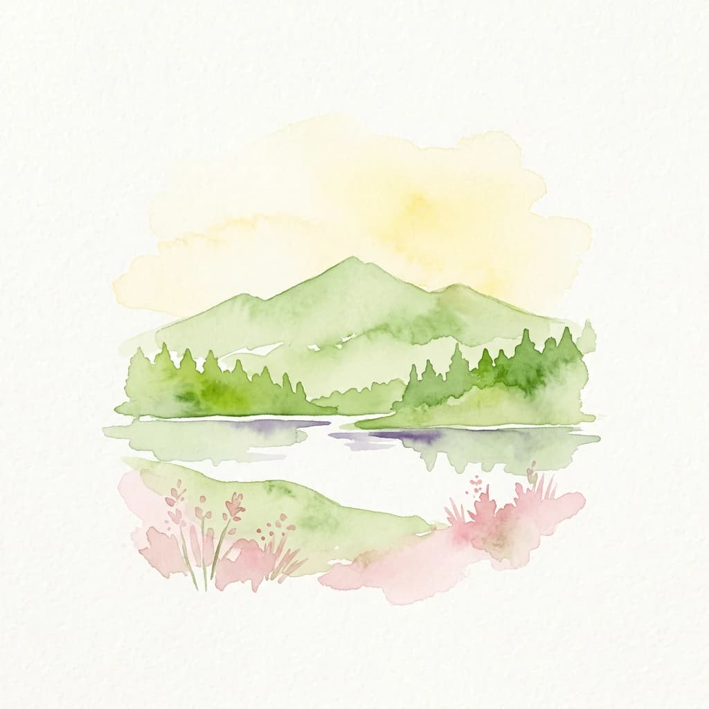 Ilustración acuarela de montañas con bosque, un lago y elementos florales rosas en primer plano