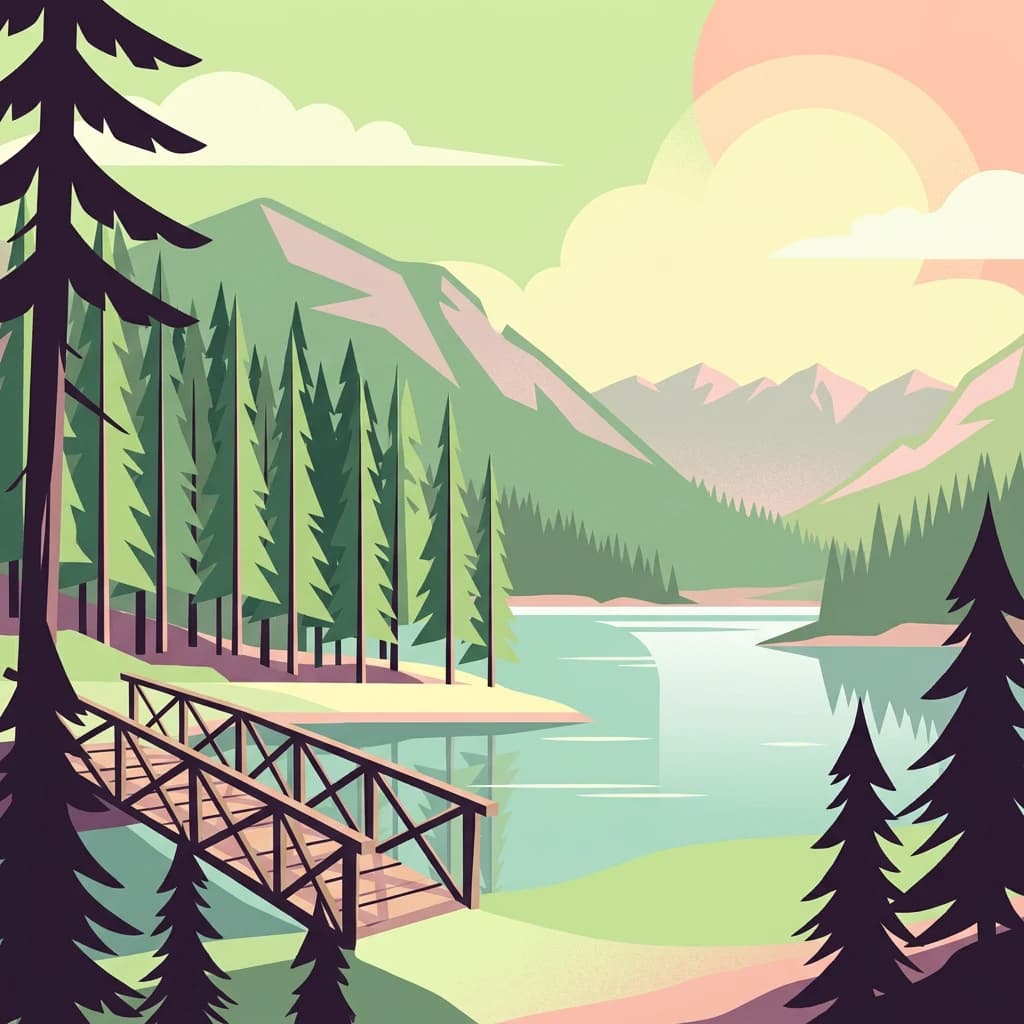Illustration of a wooden bridge over a lake with pine trees and mountain range in the background