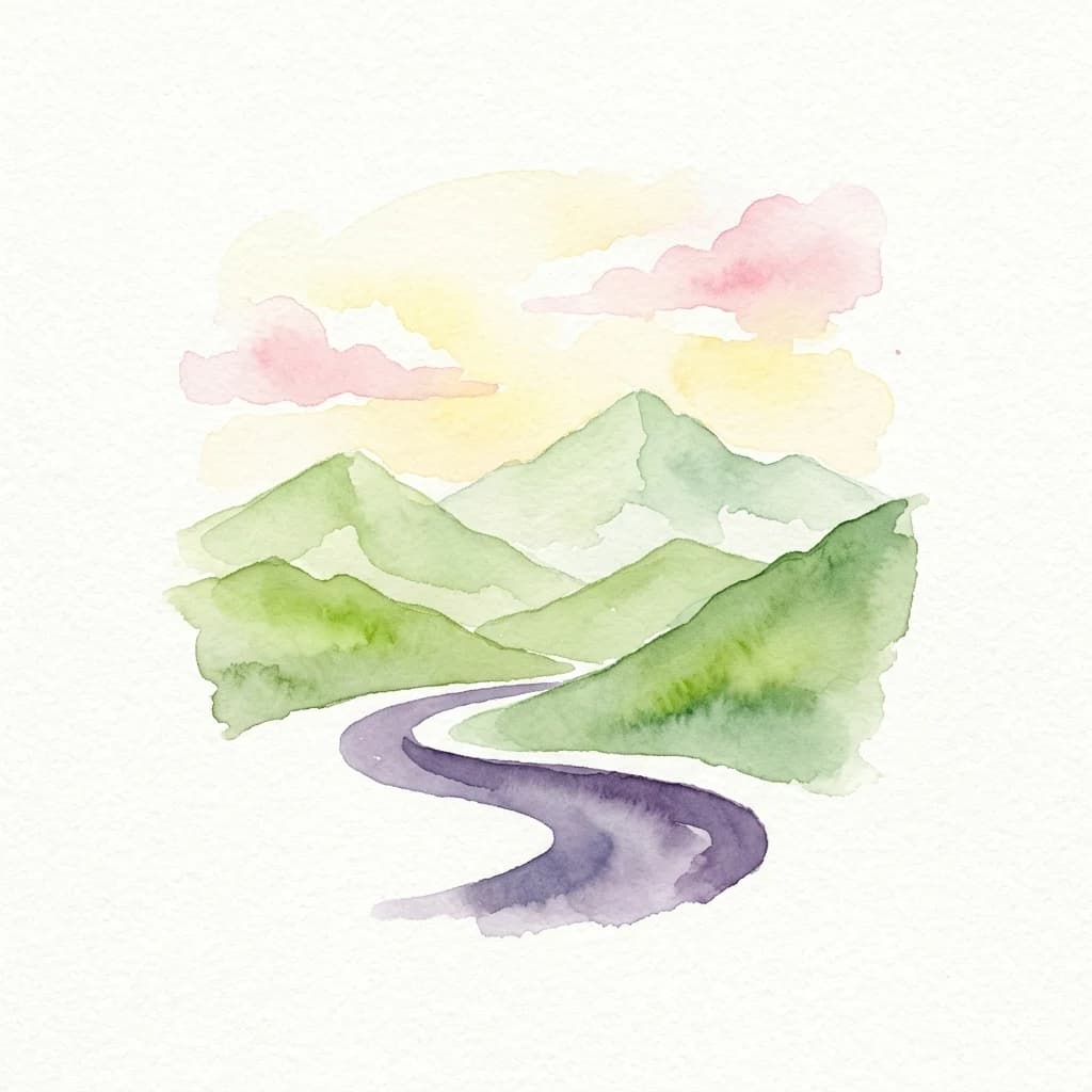 Watercolor illustration of a winding purple path through green mountains under a yellow and pink sky