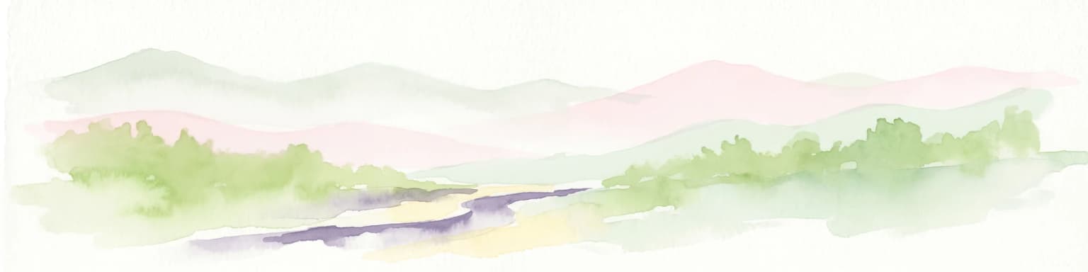 Ilustración en acuarela de colinas verdes, un río y montañas rosas distantes