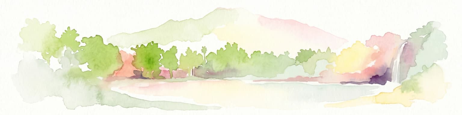 Watercolor illustration showing a landscape with trees, water, and mountains