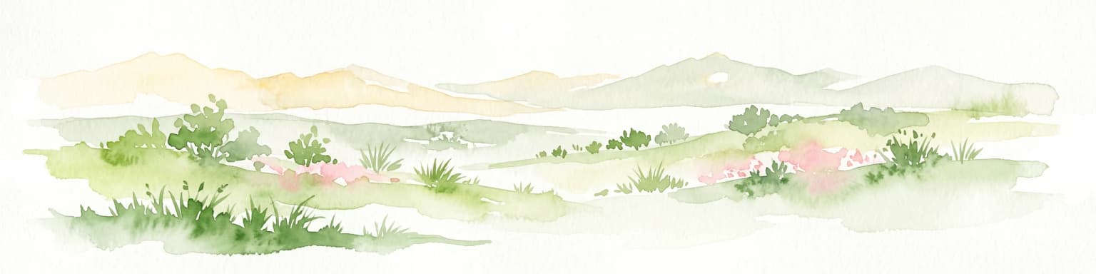 A watercolor illustration of a rolling, grassy landscape with gentle hills and light vegetation in pastel tones.