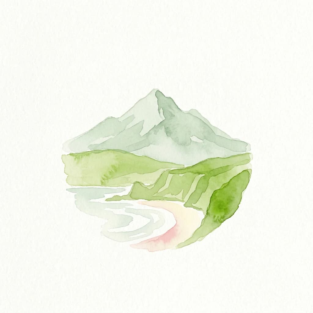 Watercolor painting showing a mountain, green hills, and a beach with a body of water