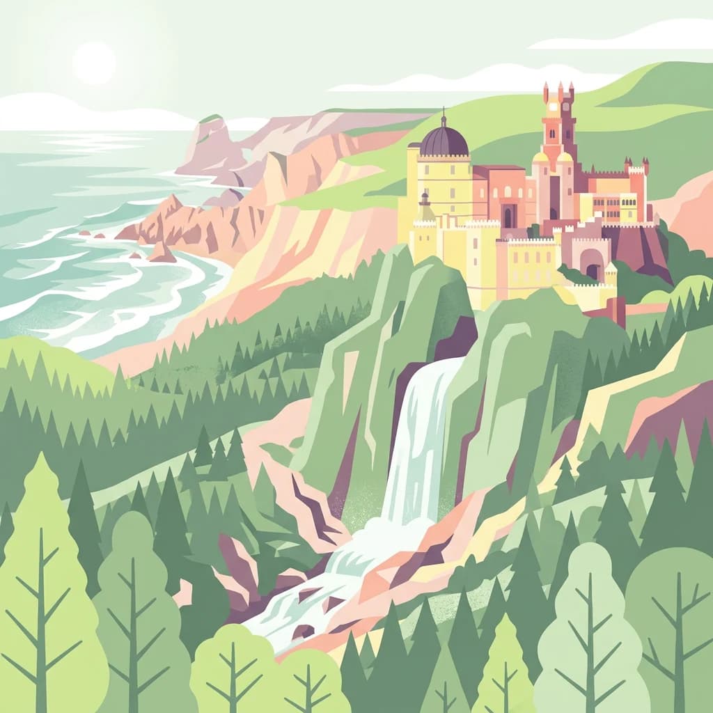 Illustration showing a castle on a hillside with a waterfall cascading down rocky terrain toward the ocean with forested mountains in the background