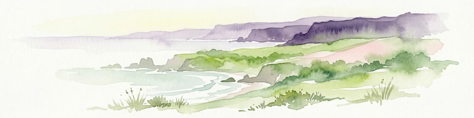 Watercolor painting showing rolling coastal hills with green vegetation, a body of water, and distant mountains under a light sky