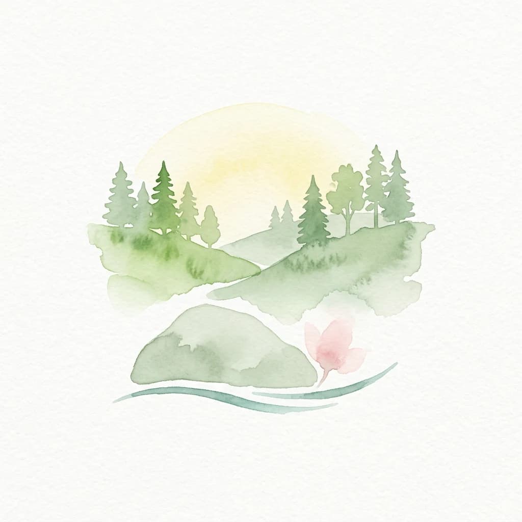 Watercolor depiction of green hills, pine trees, a stream, and a pink flower under a yellow sun