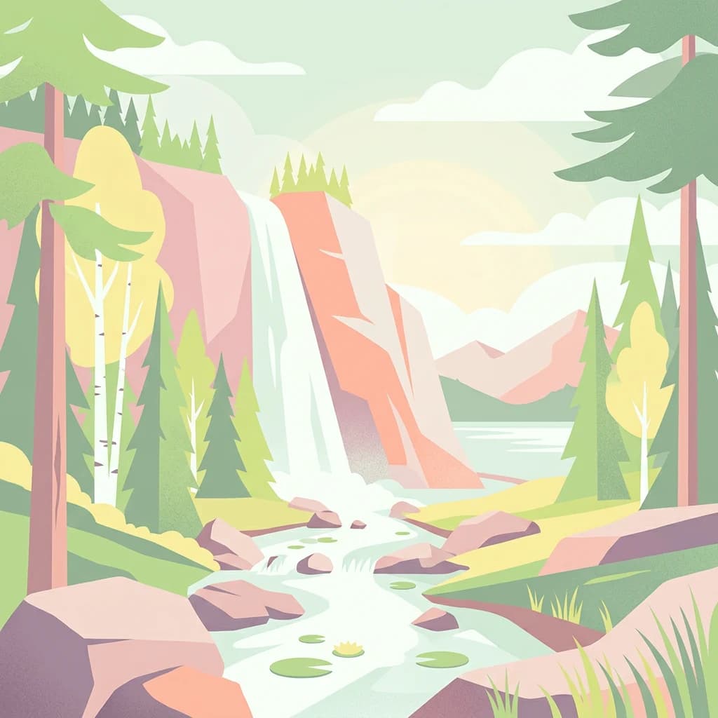 An illustration showing a waterfall cascading down a rocky cliff into a stream surrounded by trees and rocks