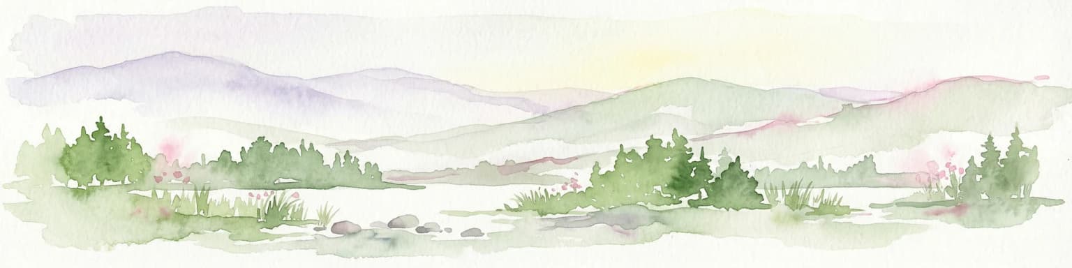 Watercolor illustration showing green trees, a river, and rolling hills under a soft sky