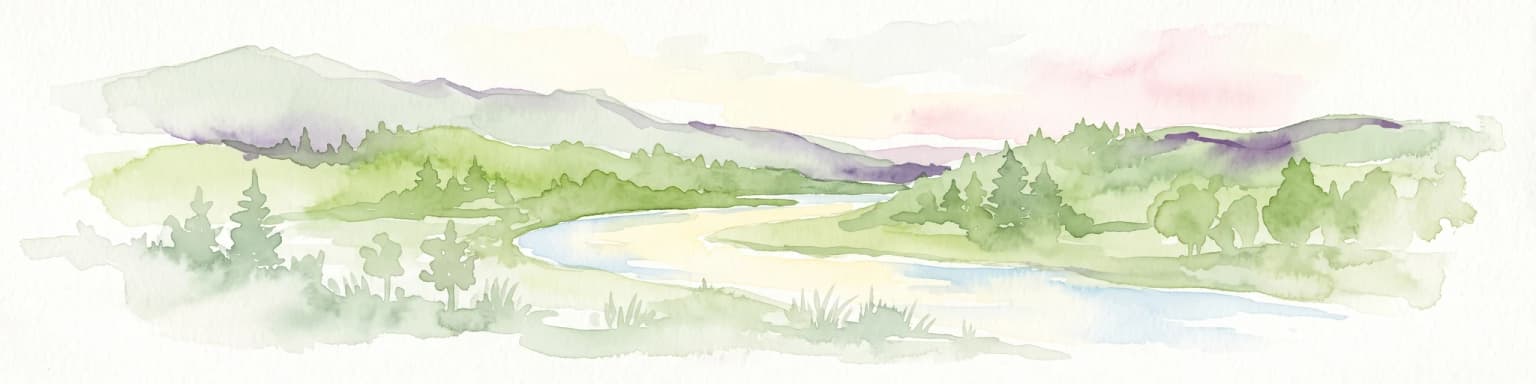 Watercolor painting of a peaceful river landscape, featuring rolling green hills, dense trees, and distant soft-toned mountains.