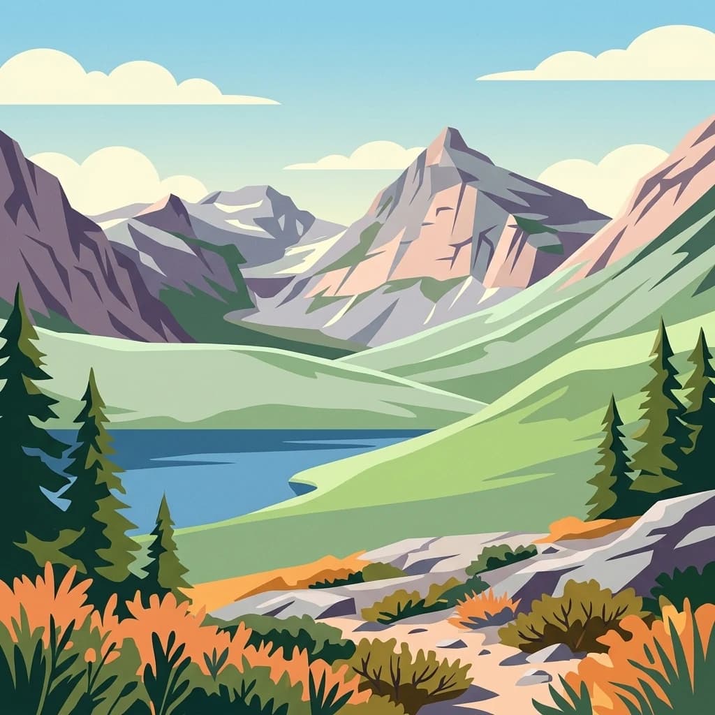 Stylized illustration showing mountains, a lake, green valleys, pine trees, and orange wildflowers under a blue sky with clouds