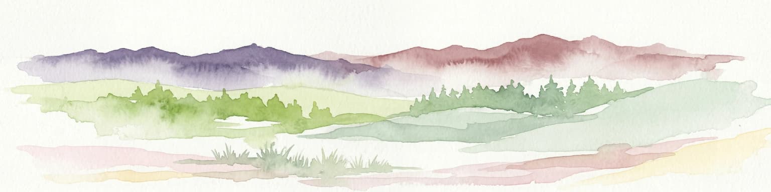 Watercolor illustration of a landscape with rolling hills, forests, and distant mountains