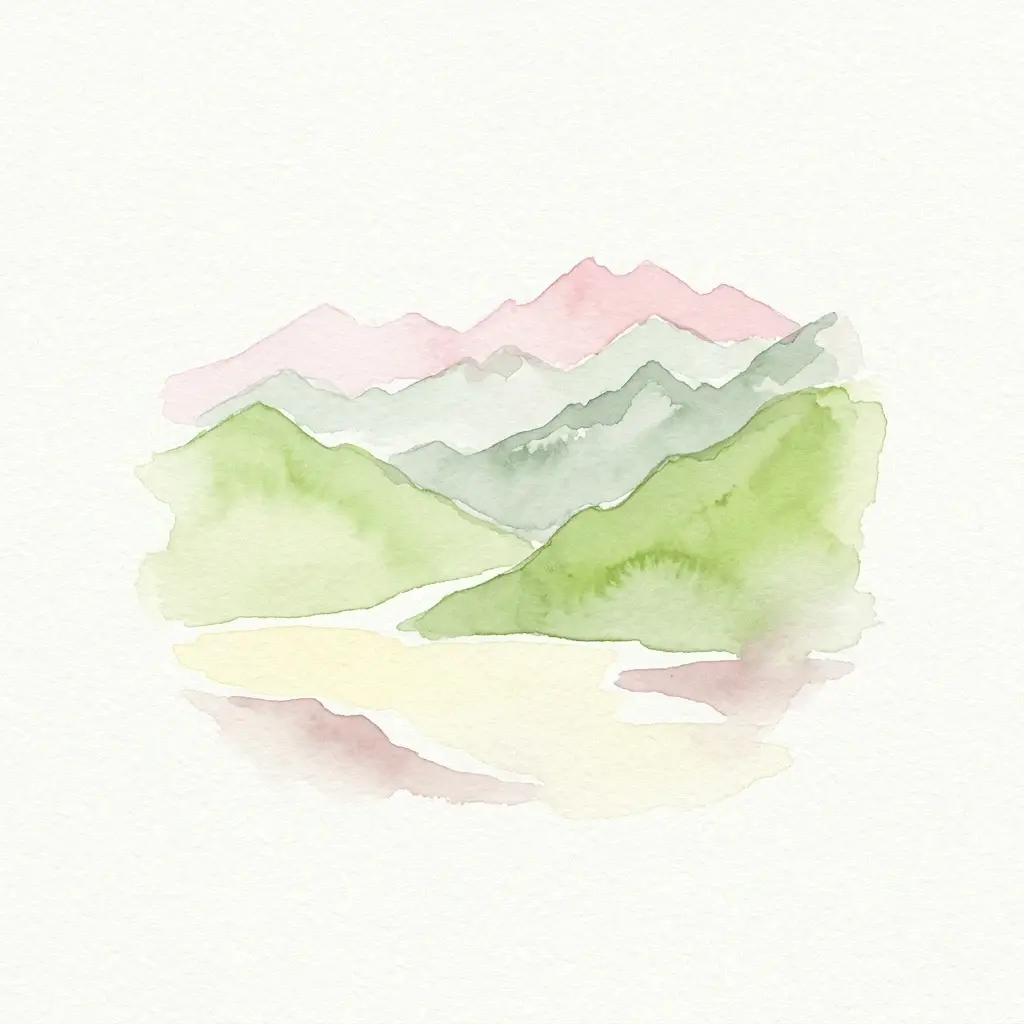 Watercolor illustration of layered mountains with green and pink peaks and a yellow lake reflection