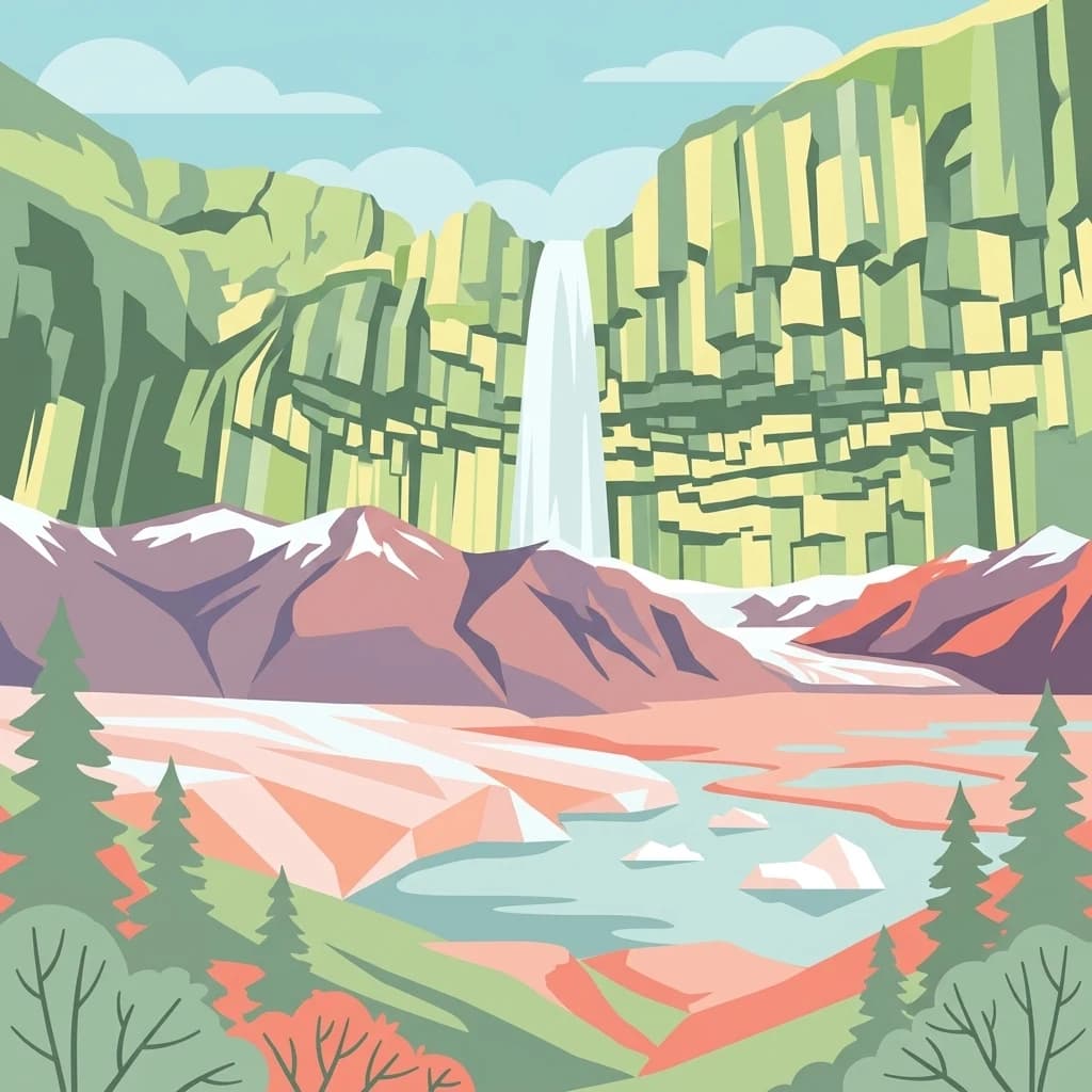 Illustration showing a waterfall cascading between green cliffs, snow-capped mountains, a glacial lake, and pine trees