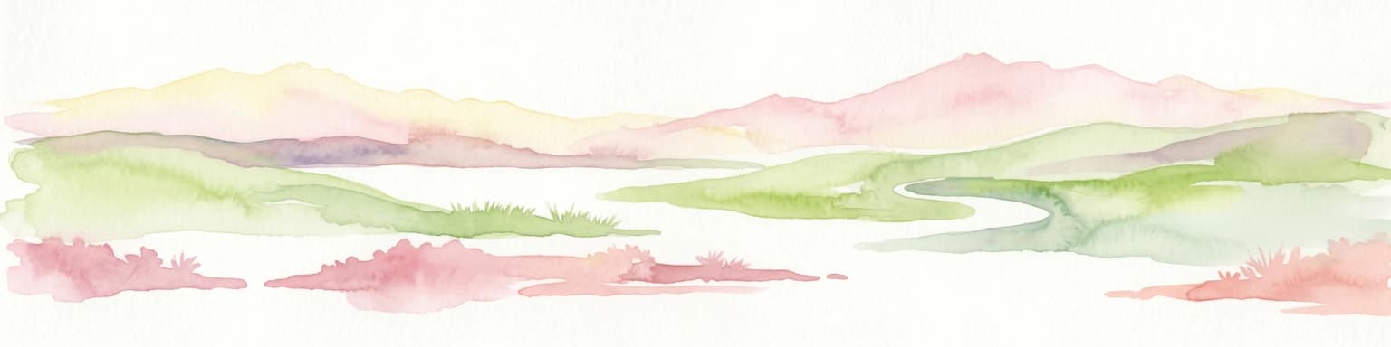 Watercolor illustration showing a mountain landscape with green valleys, pink mountains, and a winding river