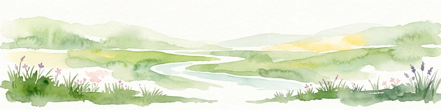 Pintura en acuarela de un paisaje de marisma salada verde con un río serpenteante y flores silvestres.