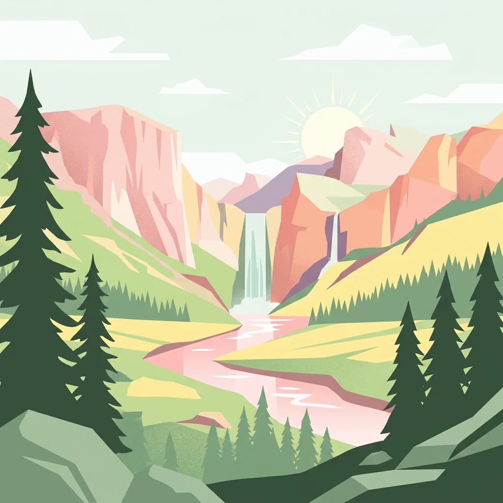 Illustration showing mountains, waterfall, river, and forest landscape