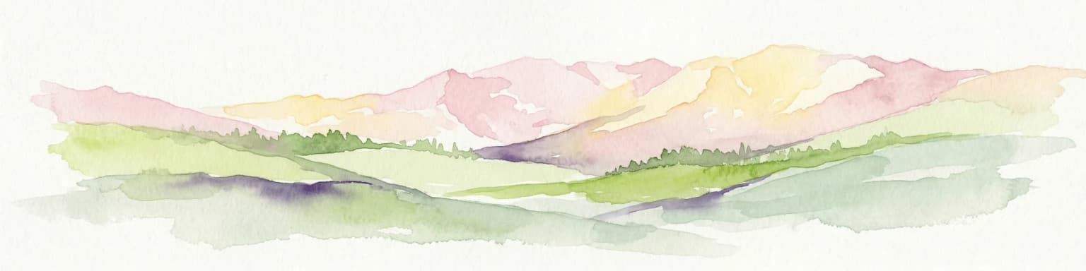 Watercolor illustration of mountains and valleys with green and purple terrain and pink-hued peaks