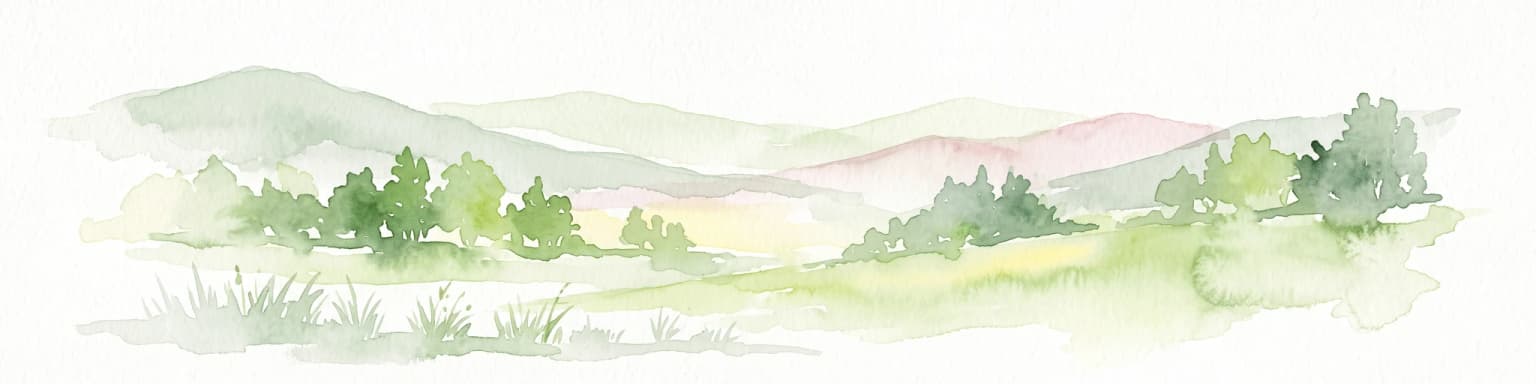 A soft watercolor painting of gentle rolling green hills and meadows with patches of trees, set against a background of distant mountains.