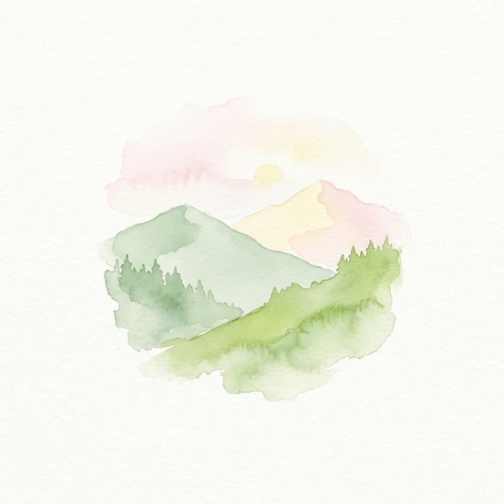Watercolor illustration of mountain landscape with green hills, forested areas, and a pink and yellow sky
