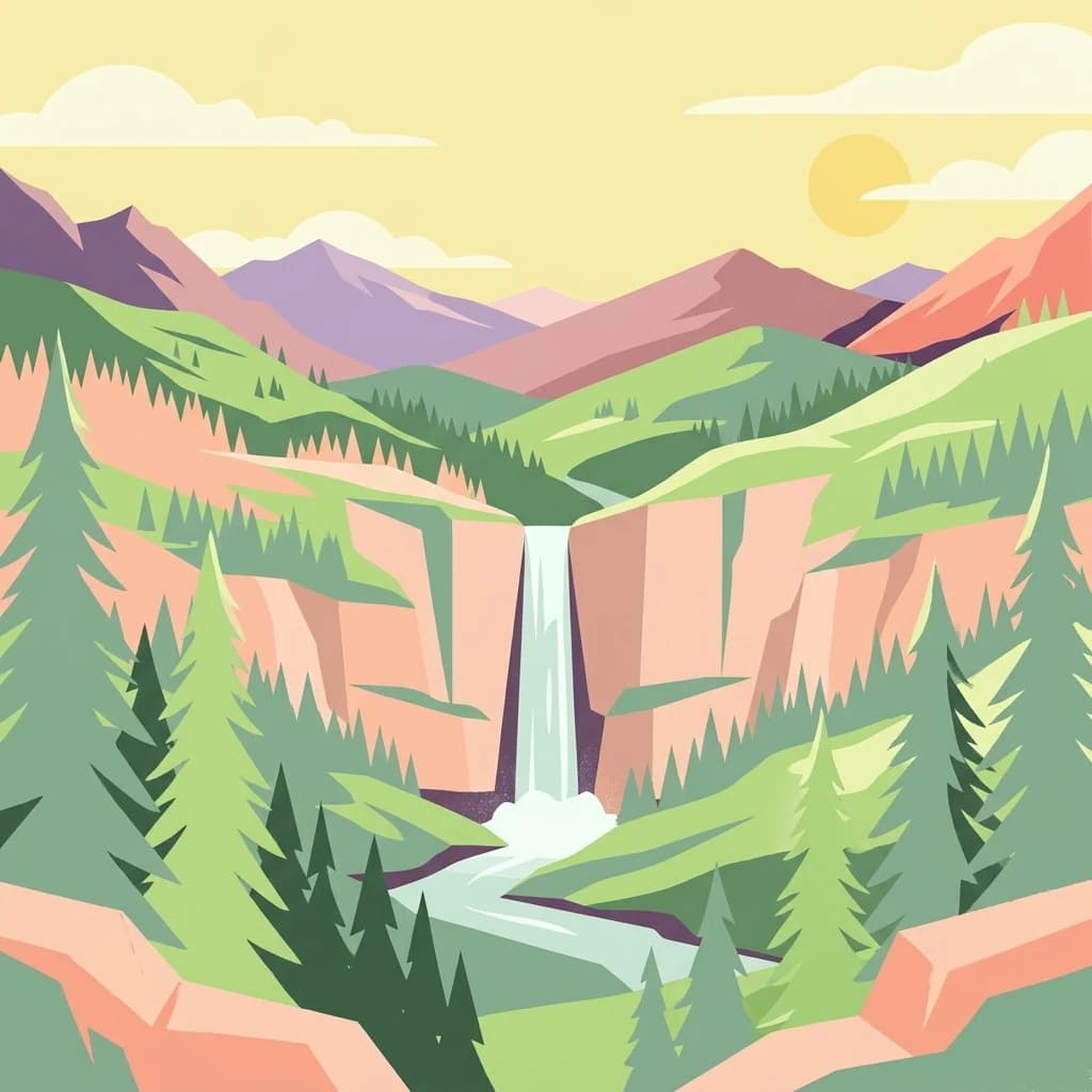 Stylized illustration of a waterfall cascading between rocky cliffs in a mountainous landscape with green forests, distant mountains, and a sunny sky