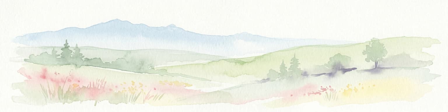 Watercolor illustration of rolling hills, distant mountains, green fields, scattered trees, and colorful wildflowers