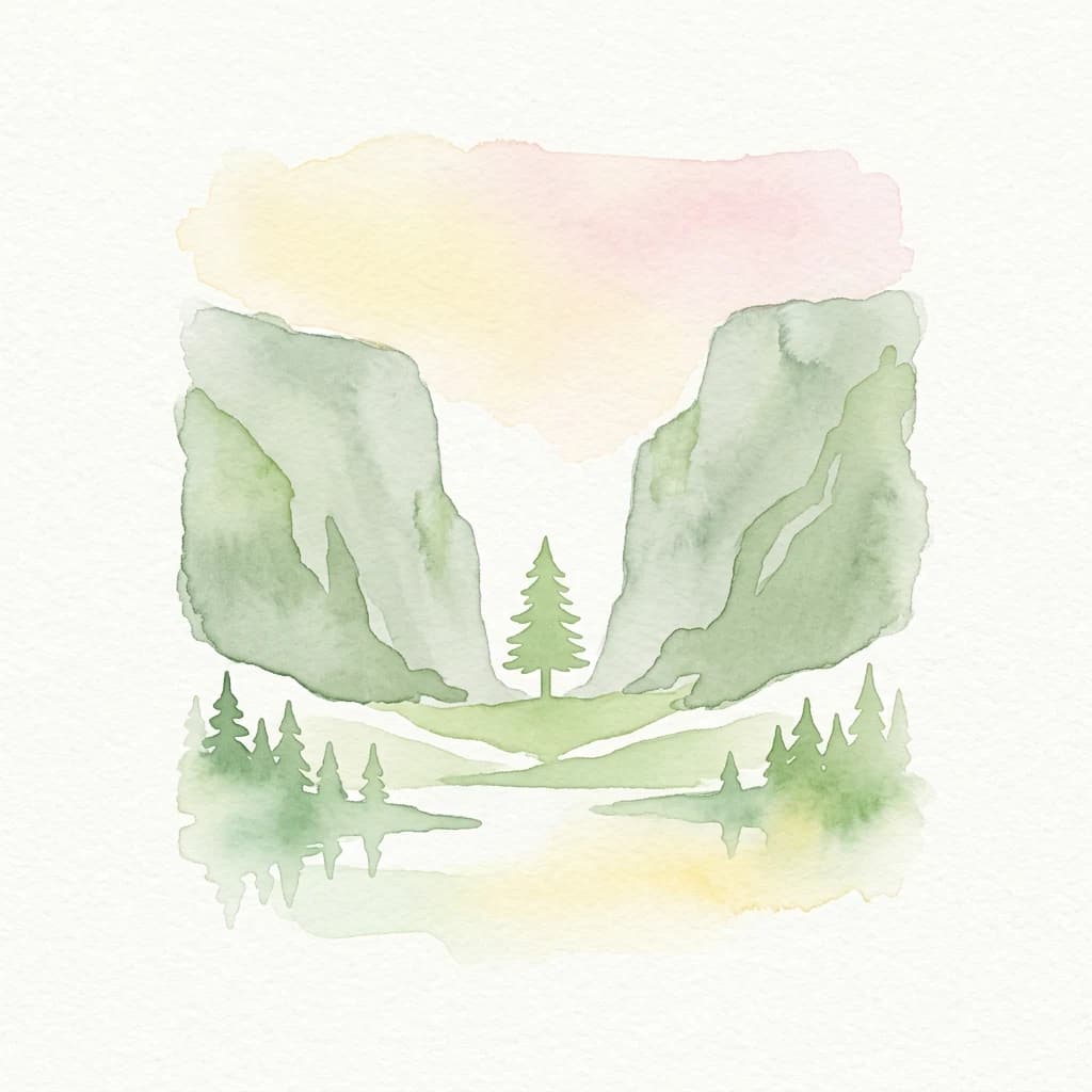 Watercolor illustration showing green mountains, trees, and a body of water with reflections