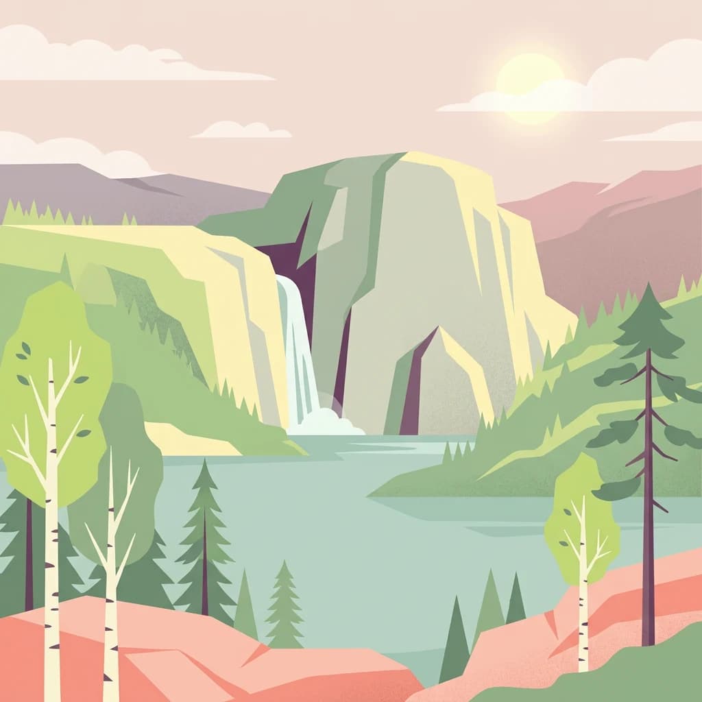 Illustration showing a waterfall flowing from a rocky cliff into a lake, surrounded by green pine and birch trees under a bright sky with scattered clouds