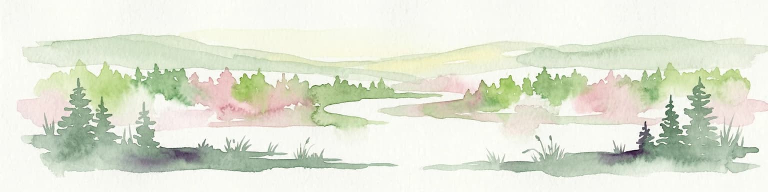 Watercolor painting showing a river flowing through a forested area with hills in the background