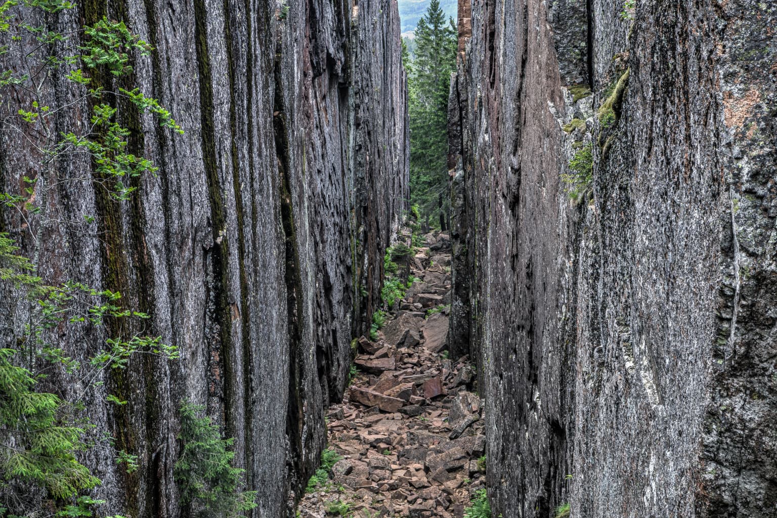 Tall vertical rock walls forming a narrow crevasse with a stone path leading through, surrounded by patches of green vegetation