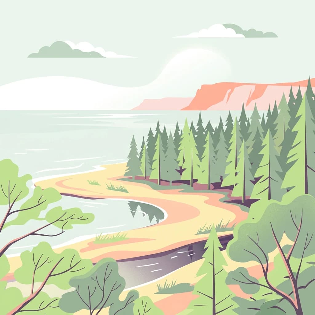 Stylized illustration of a coastal area featuring a sandy beach, forested shoreline, body of water, and distant cliffs under a light sky