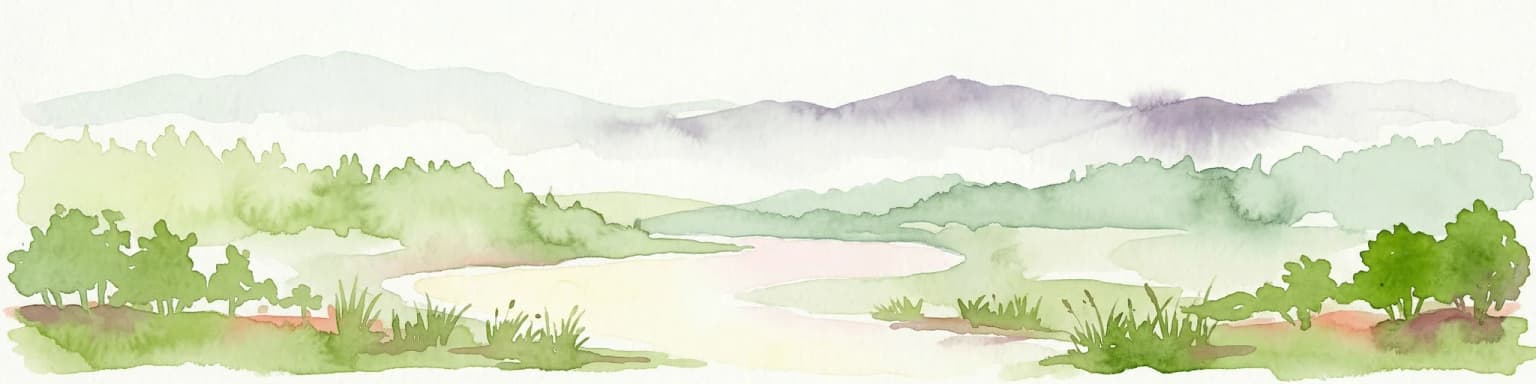 Watercolor illustration of a river flowing through a forested landscape with mountains in the background