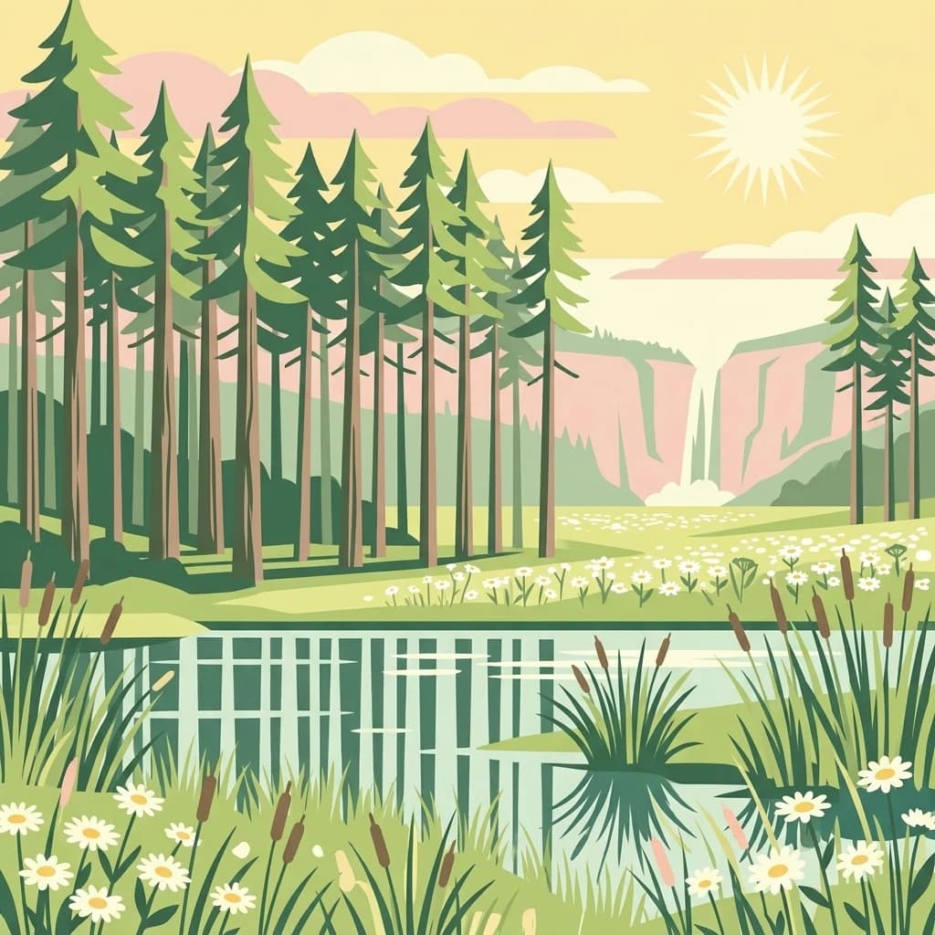Stylized illustration of a forested wetland with a lake, tall pine trees, wildflowers, and a waterfall in the background under a sunny sky