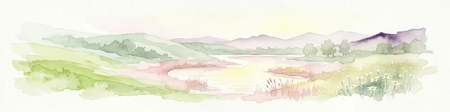 Watercolor illustration of a landscape with green fields, a body of water, and distant mountains