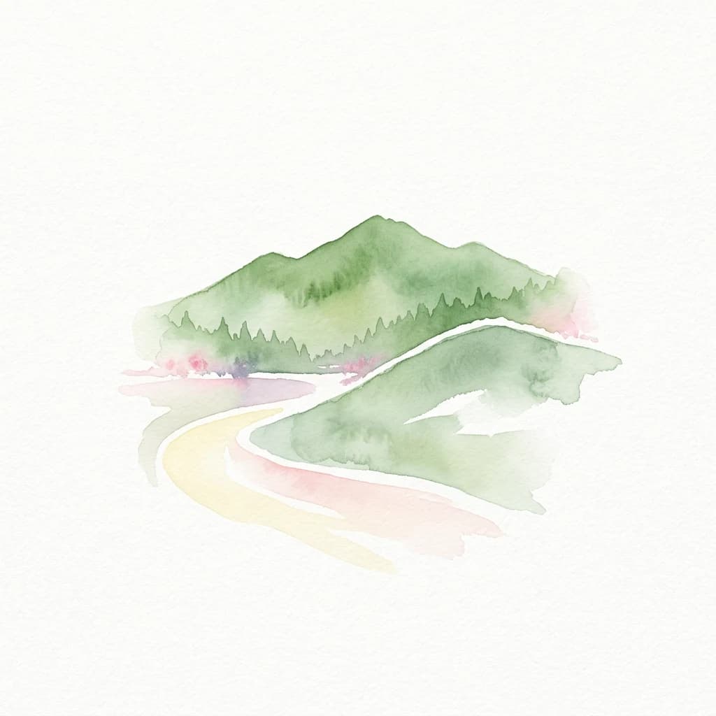 Watercolor illustration showing green mountains, a winding path, and surrounding landscape