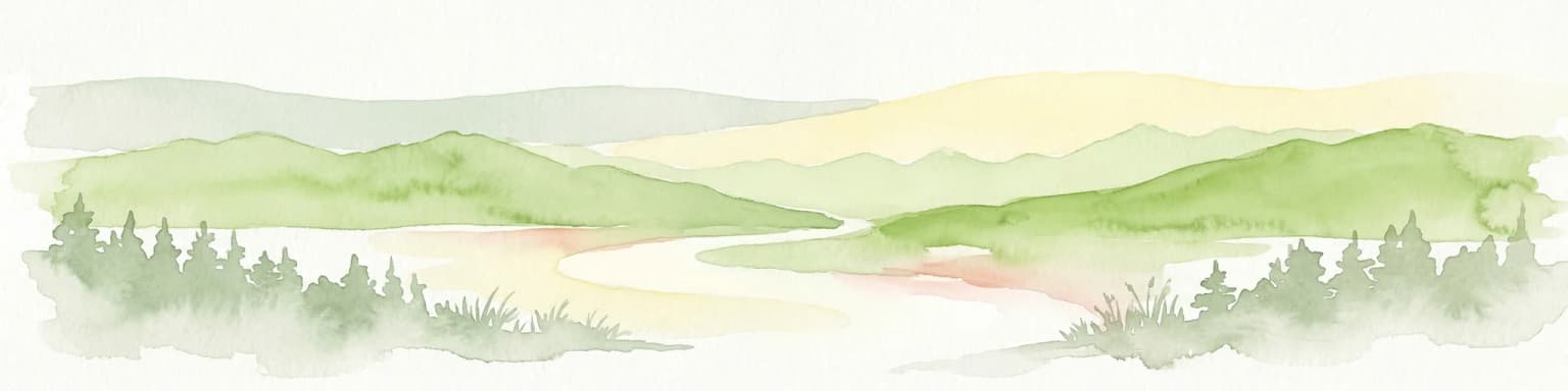 Watercolor illustration of a winding river through rolling green hills with trees in the foreground