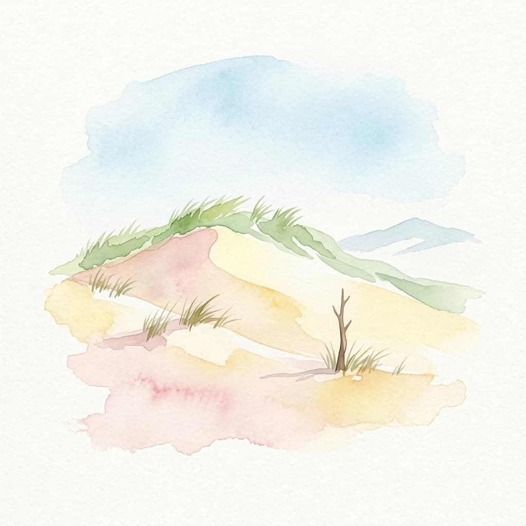 Watercolor painting of sand dunes with patches of grass and a small tree against a light blue sky.