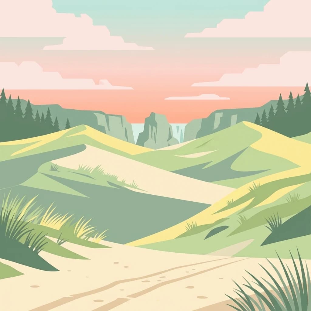 Illustrated sand dunes, grassy vegetation, a dirt path, and distant cliffs with a waterfall under a pink and blue sky.